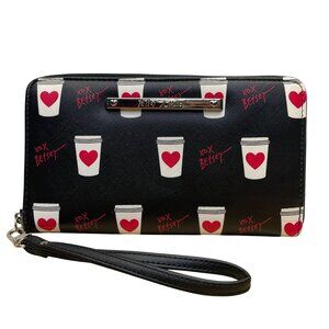 Betsey Johnson Women’s Black & Red Coffee Cup Print Zip-Around Wristlet Wallet